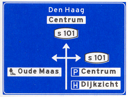 Voorwegwijzer binnen de bebouwde kom met interlokaal doel, lokaal doel, een dagrecreatiecentrum, objecten en stadsroutenummers Voorwegwijzer binnen de bebouwde kom met interlokaal doel, lokaal doel, een dagrecreatiecentrum, objecten en stadsroutenummers
